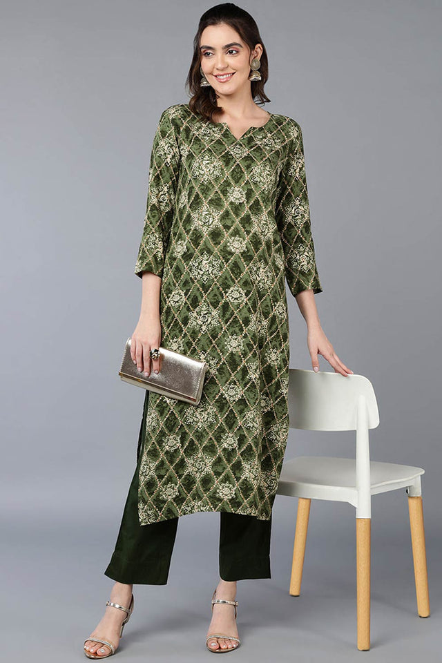 Green Rayon Printed Straight Kurti