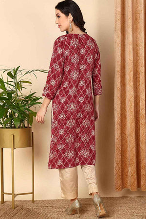 Red Rayon Embroidered Keyhole Neck Kurti