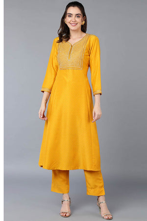 Yellow Silk Blend V Neck Kurti