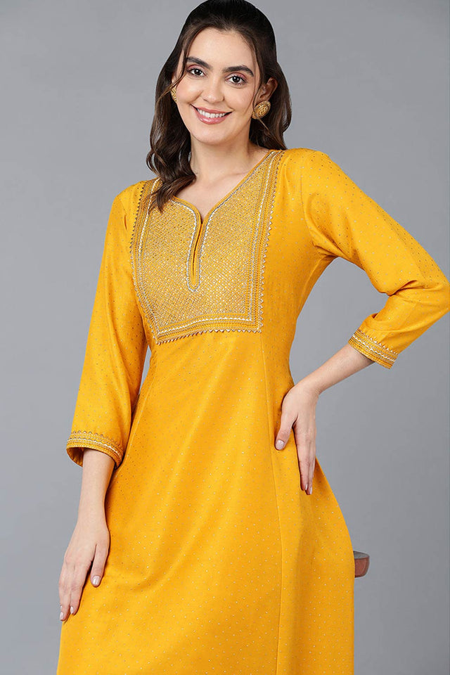 Yellow Silk Blend V Neck Kurti