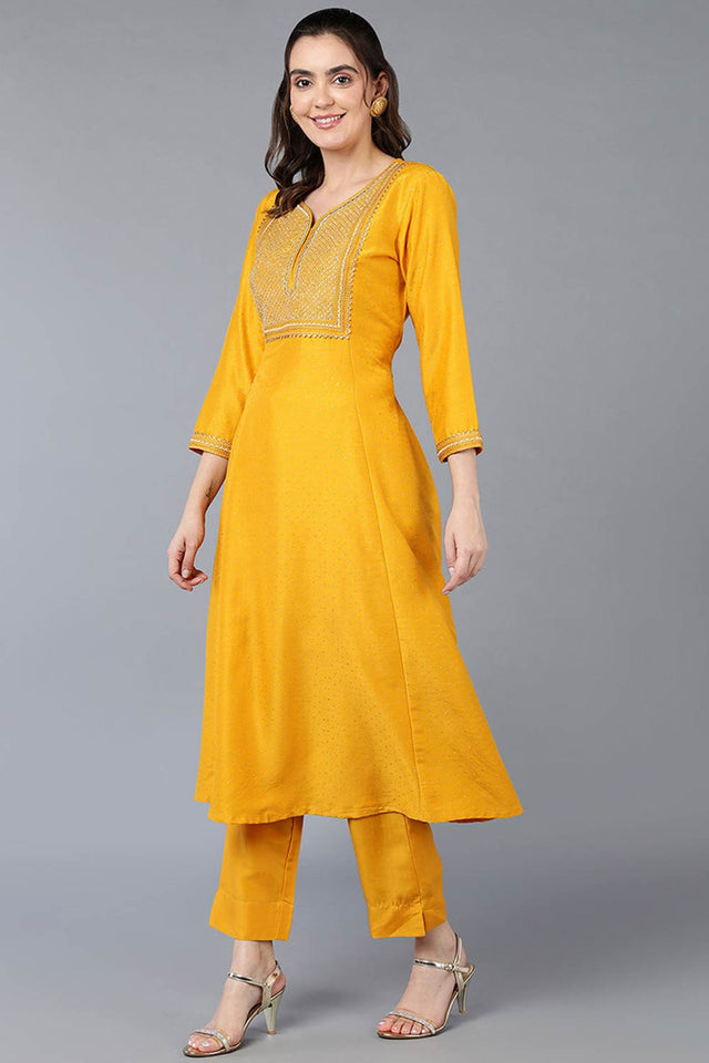 Yellow Silk Blend V Neck Kurti