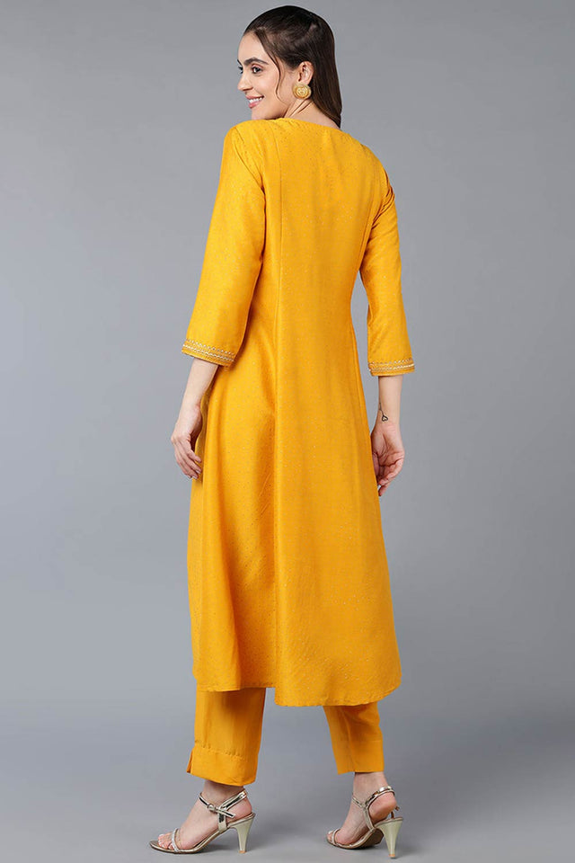 Yellow Silk Blend V Neck Kurti