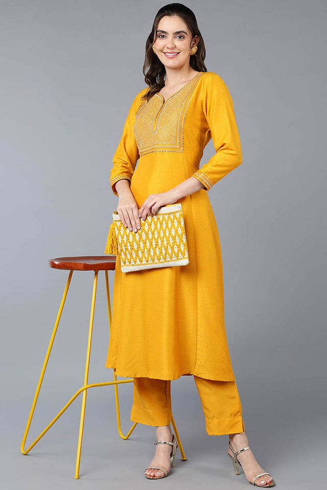 Yellow Silk Blend V Neck Kurti