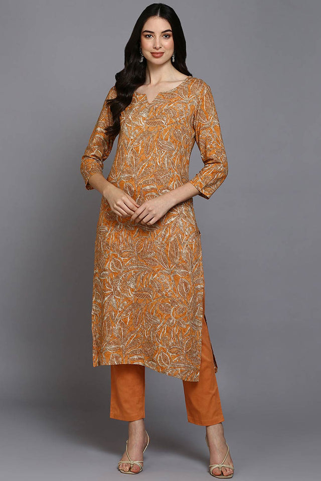 Orange Rayon Floral Print Round Neck Kurti