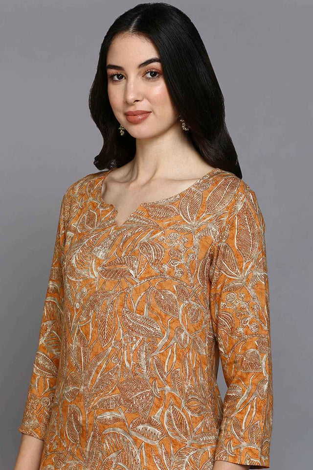 Orange Rayon Floral Print Round Neck Kurti
