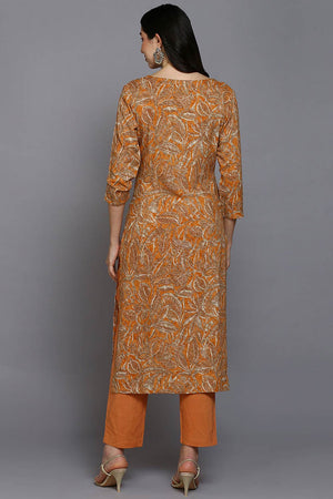 Orange Rayon Floral Print Round Neck Kurti