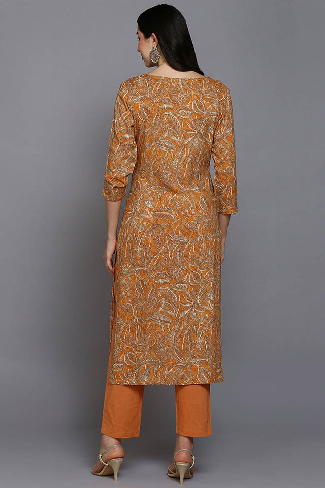 Orange Rayon Floral Print Round Neck Kurti
