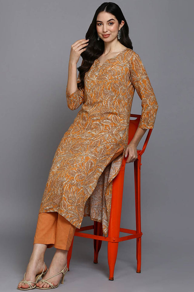 Orange Rayon Floral Print Round Neck Kurti