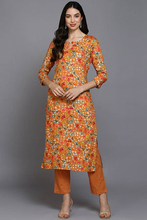 Orange Rayon Floral Straight Kurti