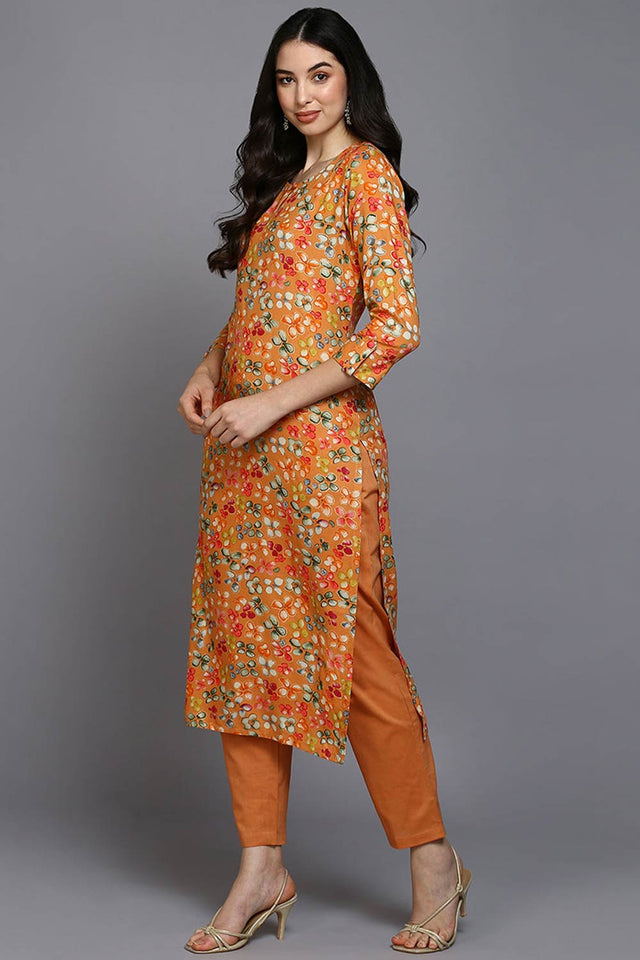 Orange Rayon Floral Straight Kurti