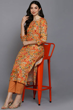 Orange Rayon Floral Straight Kurti