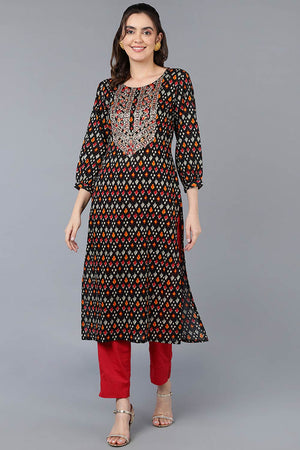 Black Cotton Printed Straight Kurti