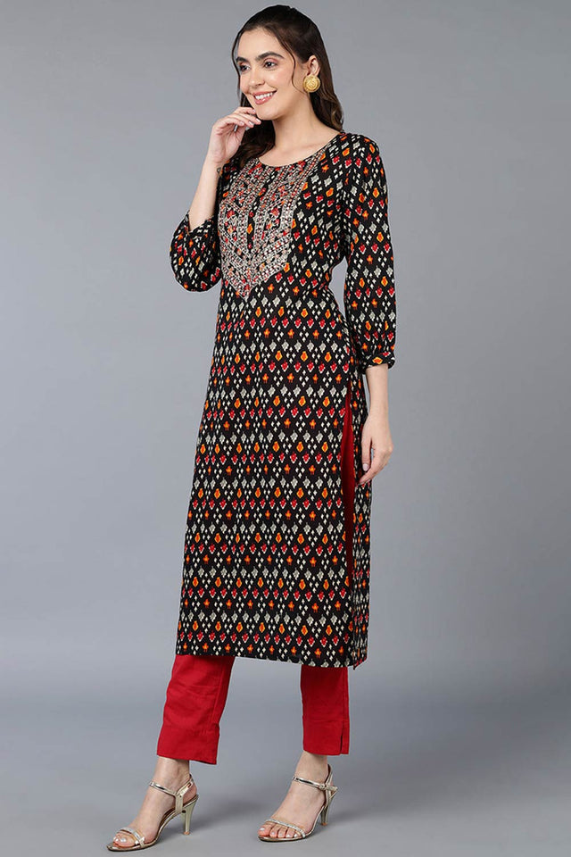 Black Cotton Printed Straight Kurti
