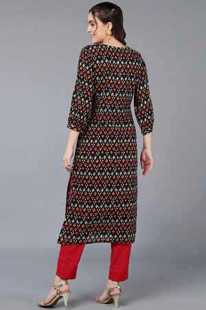 Black Cotton Printed Straight Kurti