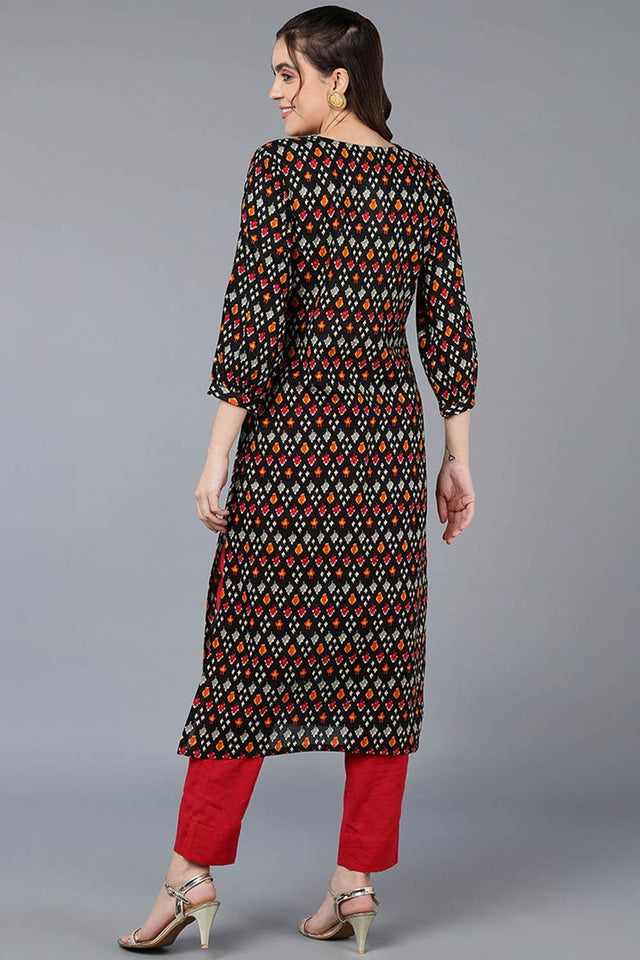 Black Cotton Printed Straight Kurti
