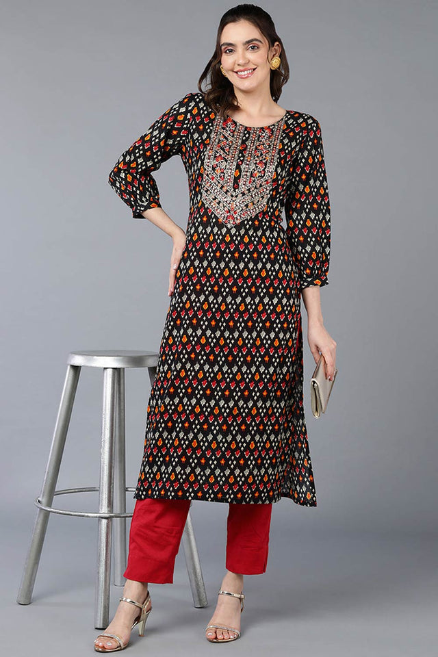 Black Cotton Printed Straight Kurti