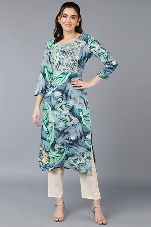 Blue Rayon Embroidered Round Neck Kurti