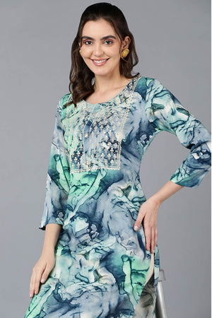 Blue Rayon Embroidered Round Neck Kurti