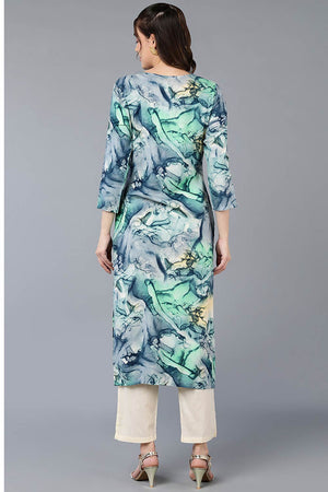 Blue Rayon Embroidered Round Neck Kurti