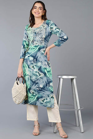 Blue Rayon Embroidered Round Neck Kurti