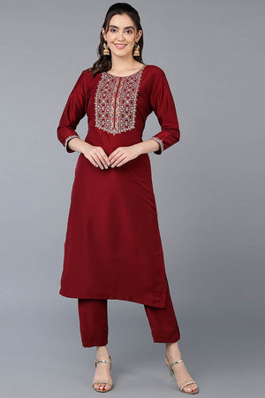 Red Silk Blend Round Neck Kurti