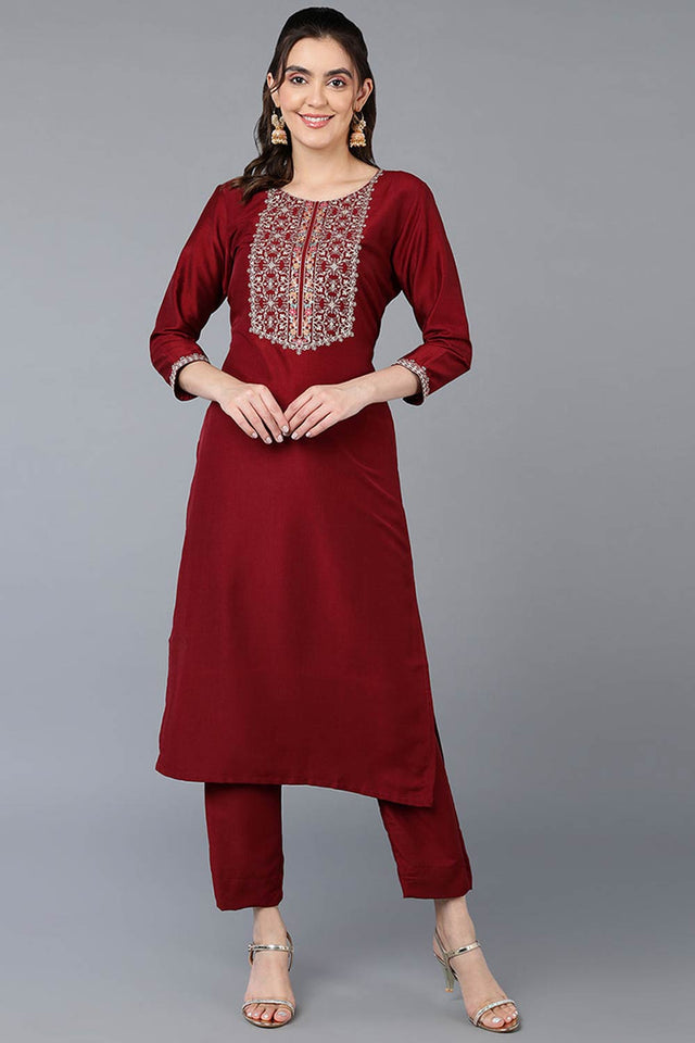 Red Silk Blend Round Neck Kurti