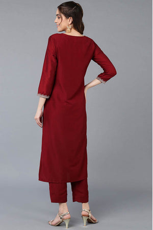 Red Silk Blend Round Neck Kurti