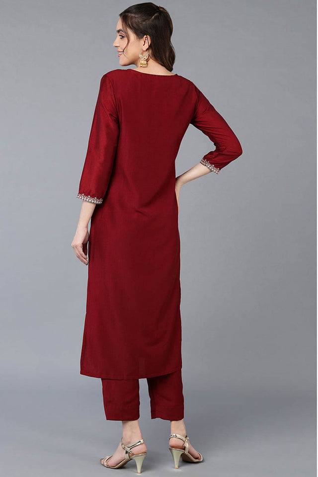 Red Silk Blend Round Neck Kurti