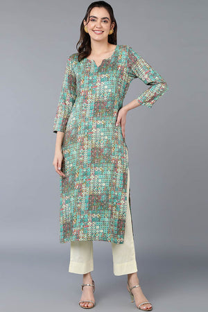 Blue Cotton Blend Embroidered Round Neck Kurti