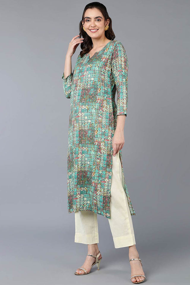 Blue Cotton Blend Embroidered Round Neck Kurti
