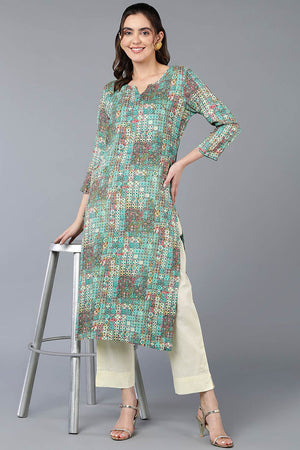 Blue Cotton Blend Embroidered Round Neck Kurti