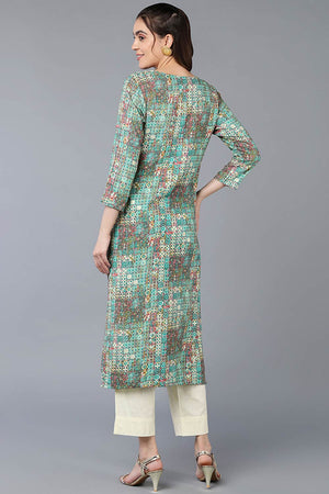 Blue Cotton Blend Embroidered Round Neck Kurti