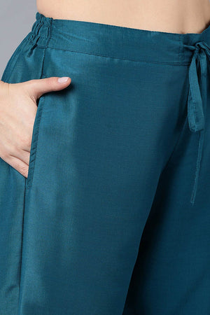 Green Silk Blend Embroidered Round Neck Kurti