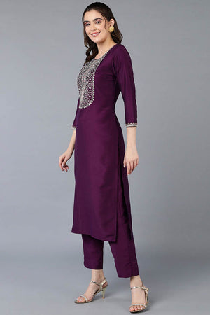 Purple Silk Blend Round Neck Kurti