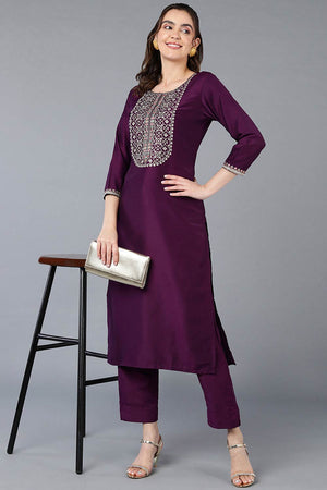 Purple Silk Blend Round Neck Kurti