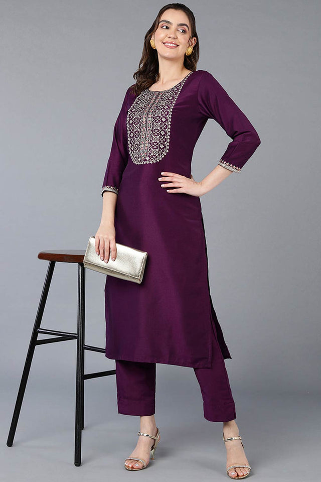 Purple Silk Blend Round Neck Kurti