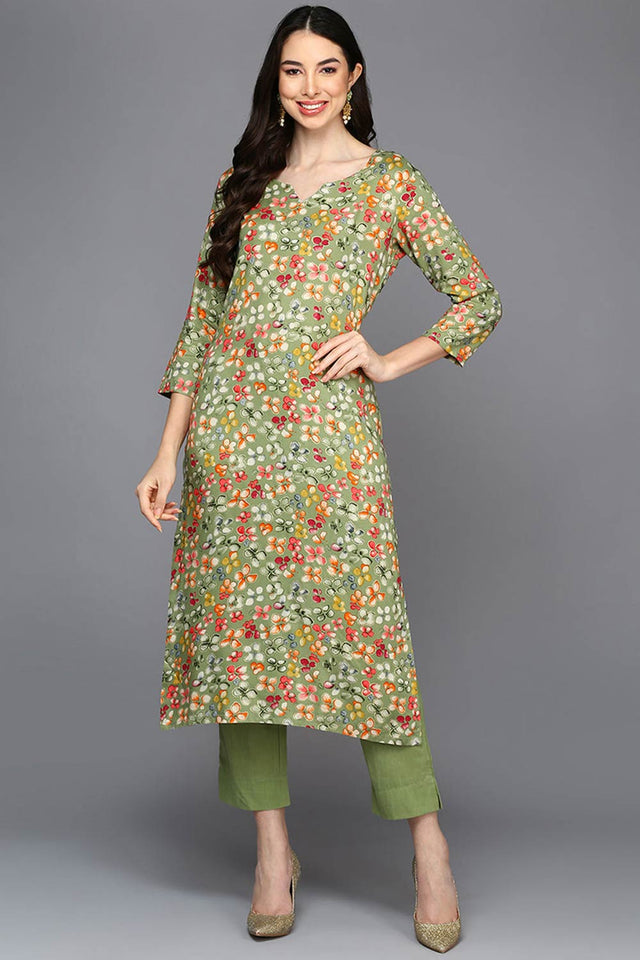 Green Rayon Floral Print Keyhole Neck Kurti