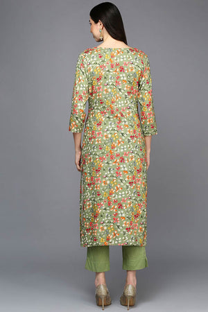 Green Rayon Floral Print Keyhole Neck Kurti