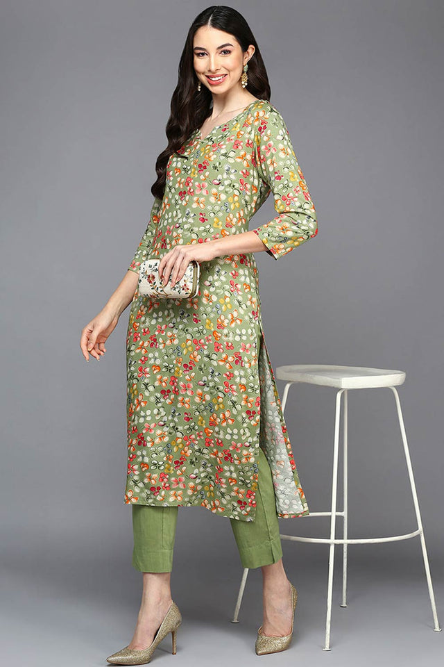 Green Rayon Floral Print Keyhole Neck Kurti