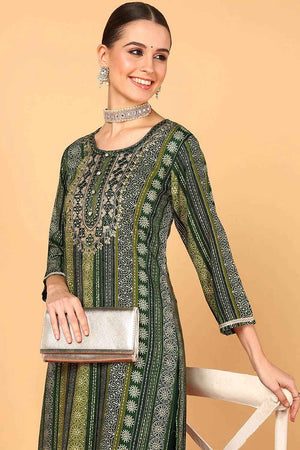 Green Rayon Printed Straight Kurti