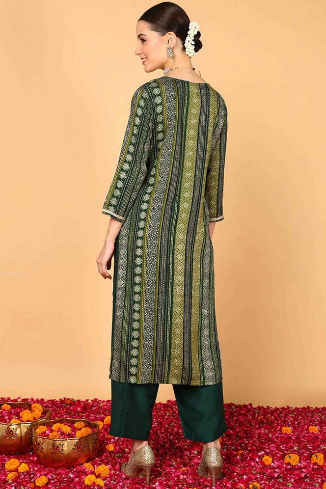 Green Rayon Printed Straight Kurti
