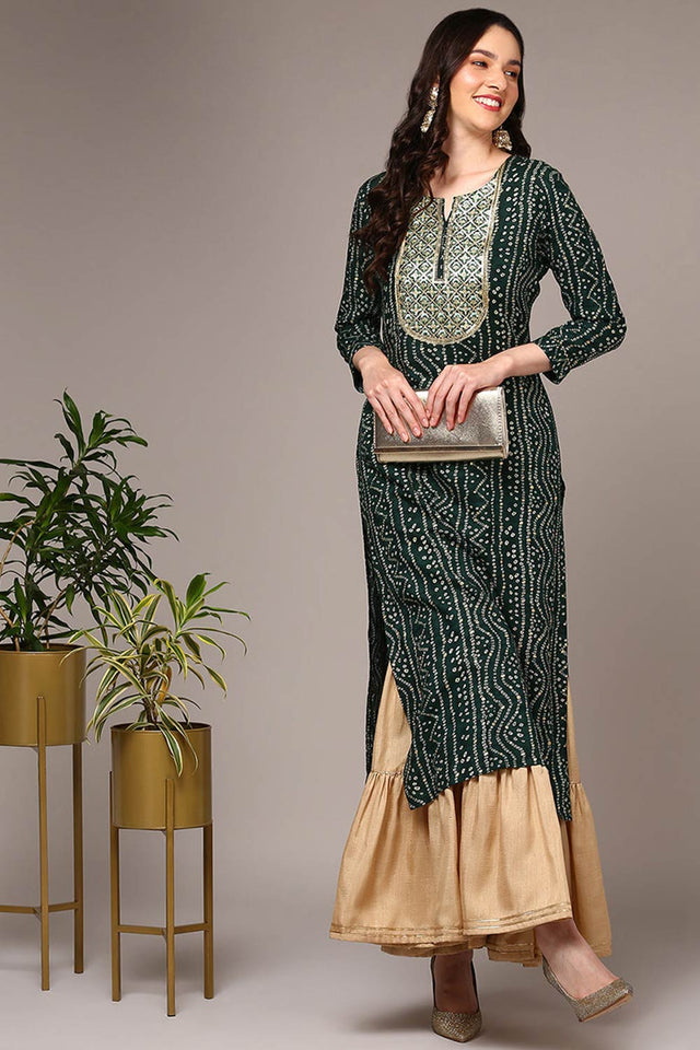 Green Rayon Printed Straight Kurti