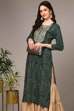 Green Rayon Printed Straight Kurti