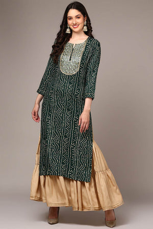 Green Rayon Printed Straight Kurti