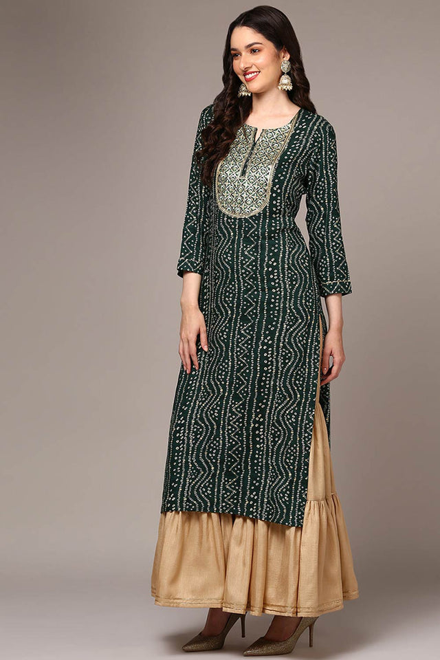 Green Rayon Printed Straight Kurti