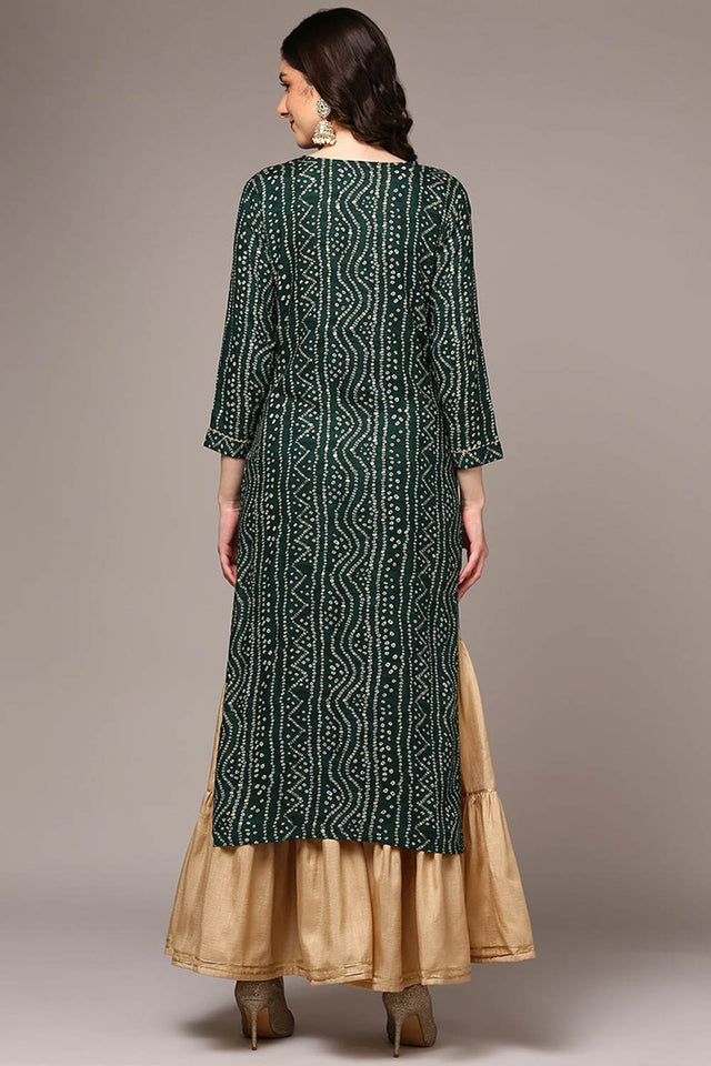 Green Rayon Printed Straight Kurti