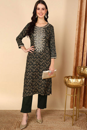 Green Rayon Printed Straight Kurti
