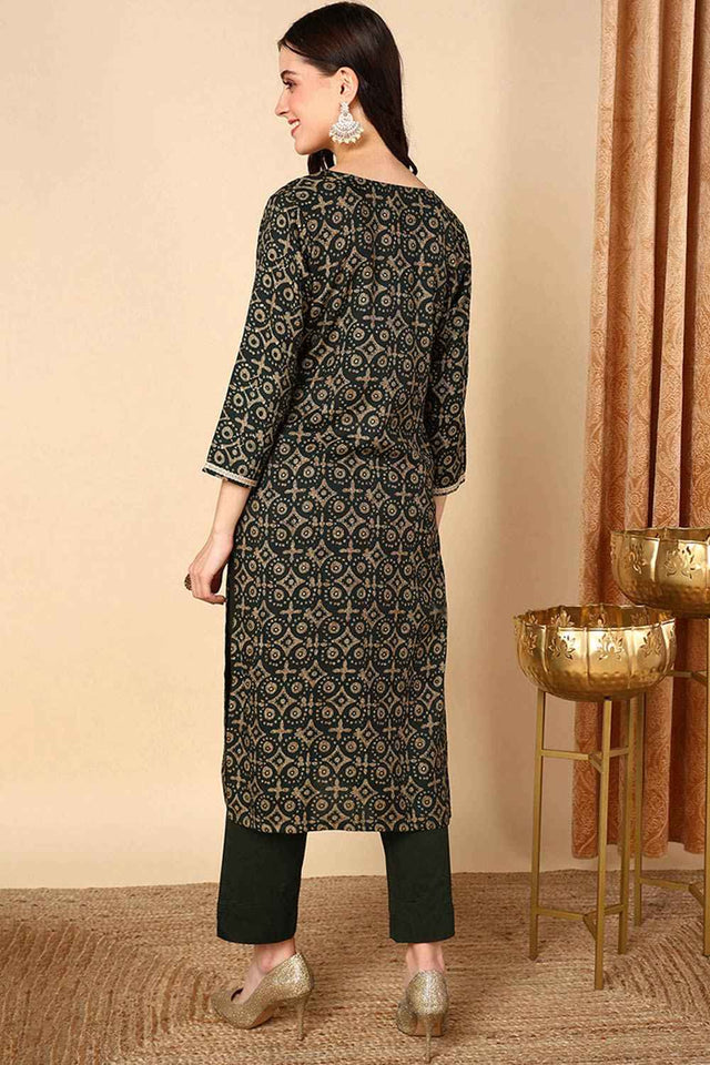 Green Rayon Printed Straight Kurti