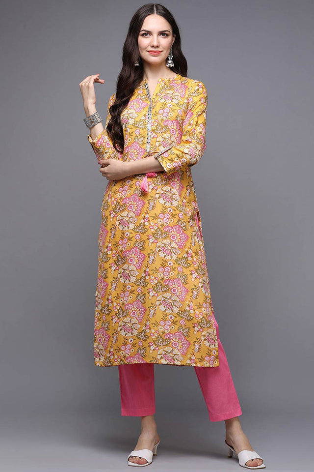Yellow Cotton Floral Print Mandarin Collar Kurti