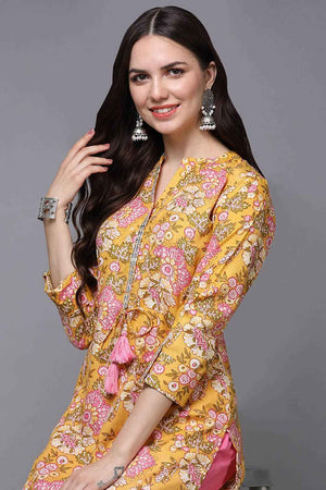 Yellow Cotton Floral Print Mandarin Collar Kurti